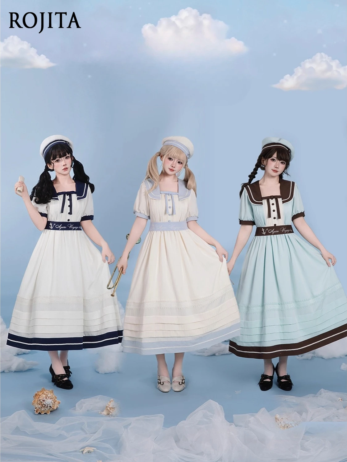 

2025 Summer New Navy Collar Puff Sleeve Embroidered Loose Long Dress Square Collar Short Sleeve Dress OP Lolita Dress Women