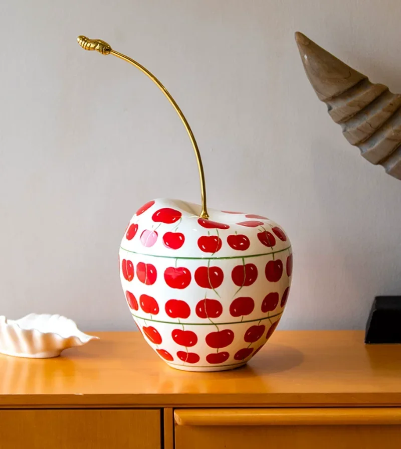 Creative Hand-painted Ceramic Cherry Decoration Porcelain Round Belly Vase Flower Arrangement Ornament Home Livingroom Chinaware