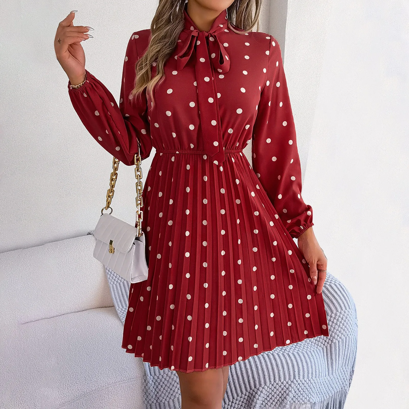 

South Korean Chic Dress Retro Elegant Slim Fit High Waist Lace-up Pleat Lantern Sleeve Polka Dot Dress Women Party Vestidos