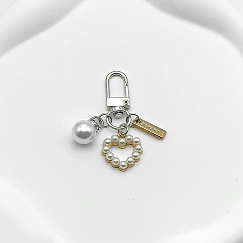 Sophisticated Metal Colored Love Heart Keychian Charm Pendant with Pearls Detailing Accessory for Modern Wardrobe