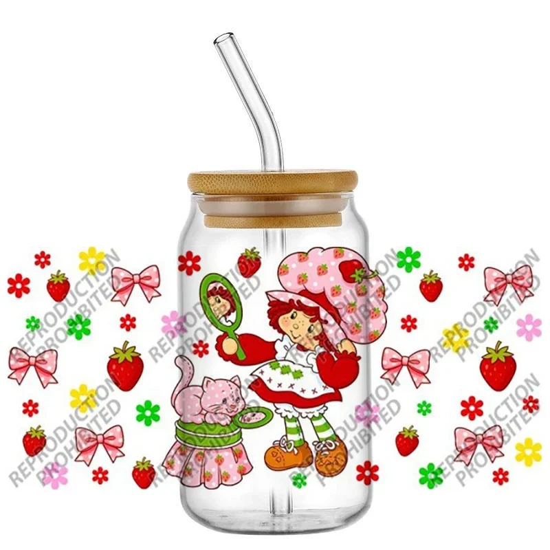 Cute Cartoon Berry‑Themed Girl Character UV DTF Cup Wrap Transfer Stickers for 16oz Glass Can Tumbler, DIY Custom Decals