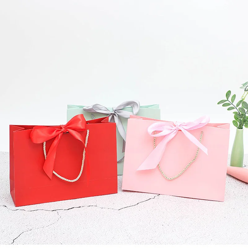 100Pcs/Lot Colorful Paper Shopping Gift Bags With Golden Ribbon Handles For Boutique Shop Party Wedding Favor