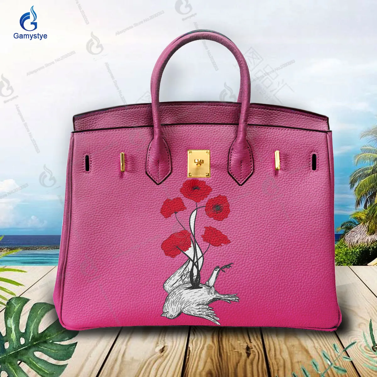 Graffiti Artisc Printed Birds and blooming flowers Bags borse da donna in vera pelle di mucca borse a tracolla Messenger Hardware con serratura