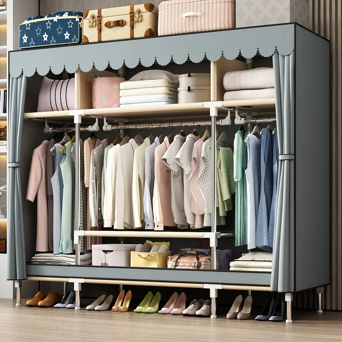 Non-Woven Wardrobe Portable Clothes Closet Fabric Wardrobe Sturdy Durable Waterproof Double Rod Storage Organizer