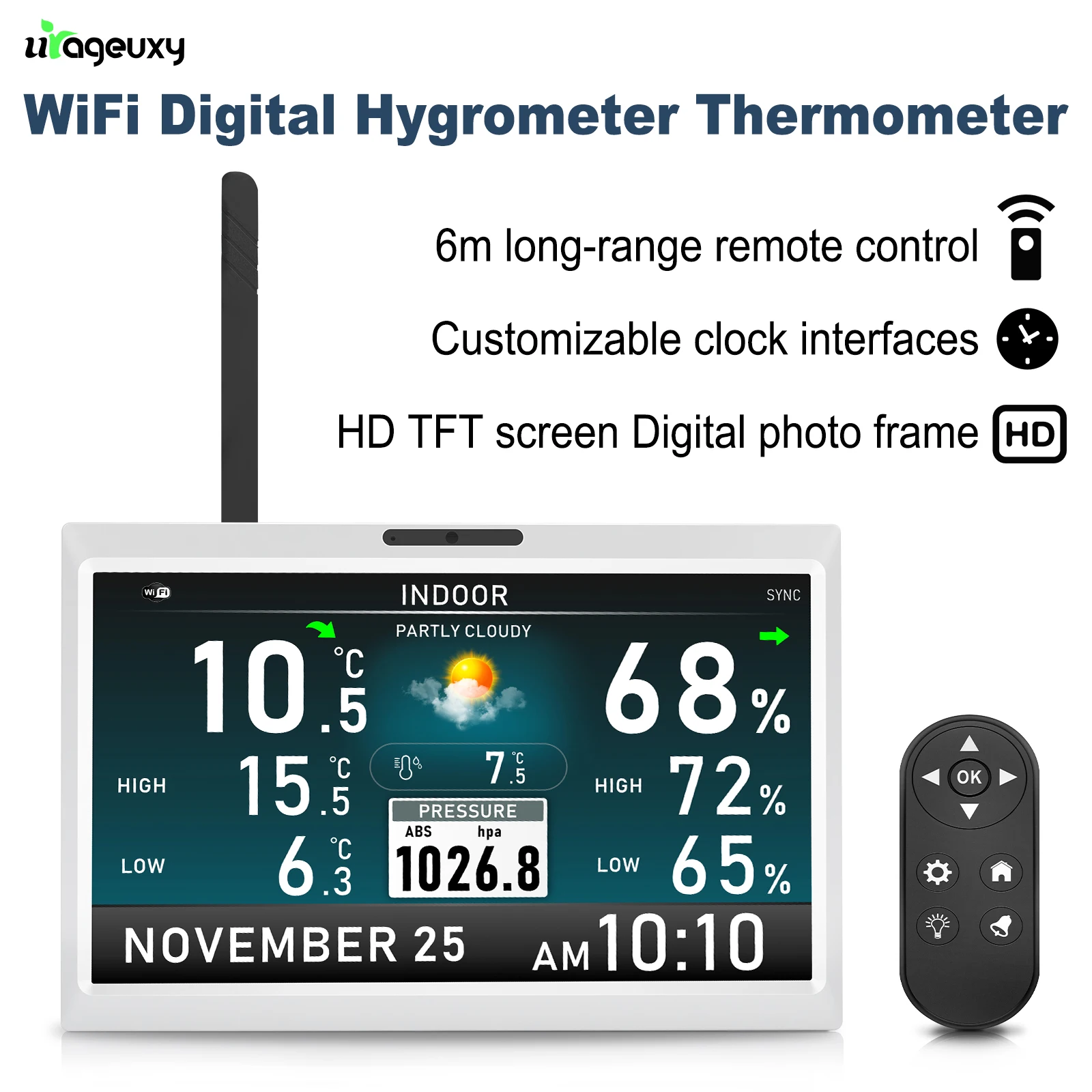 10,1 Zoll HD TFT-Bildschirm Digitales Thermometer Hygrometer 6M Fernbedienung & 160 °   Wetterstation mit Fotoalbum (ohne Außendaten)
