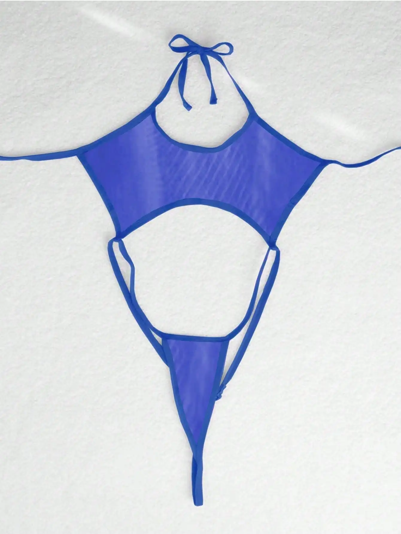 

Blue Mesh One-Piece Women's Lingerie with Adjustable Neck Tie and Thong Back