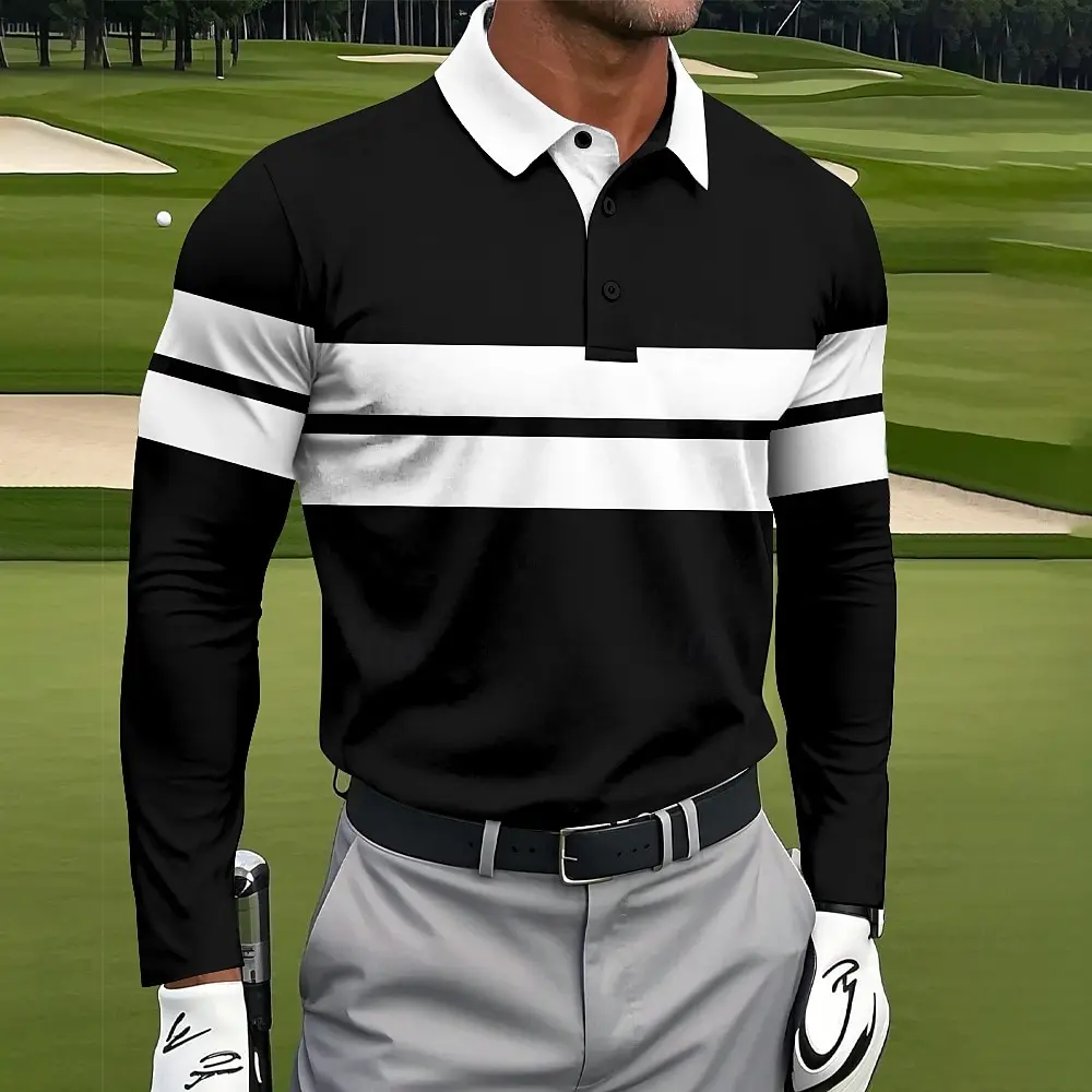 

Men's Autumn Outdoor Golf Polo Shirts Fashion Stripe Color Block Long Sleeve Pullover Oversize Lapel Button Daily Casual Clothes