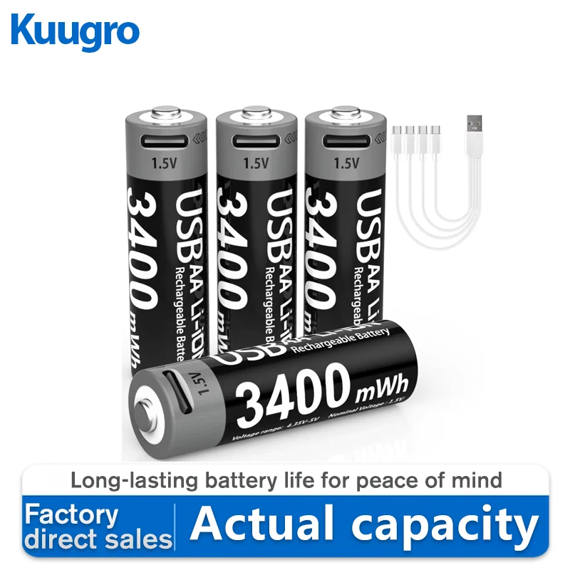 Kuugro USB AA 1.5V 3400mwh Lithium Rechargeable Battery Type-C Charging For Microphone Remote Control Mouse Smart Door Lock