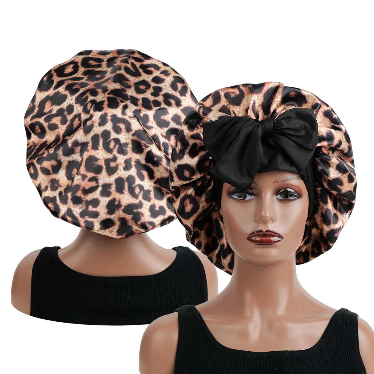 Ladies Fashion Leopard Print Sleep Cap with Long Ribbon Bow And Lace Edge Versatile Hair Accessory for Daily Beauty And Gifting
