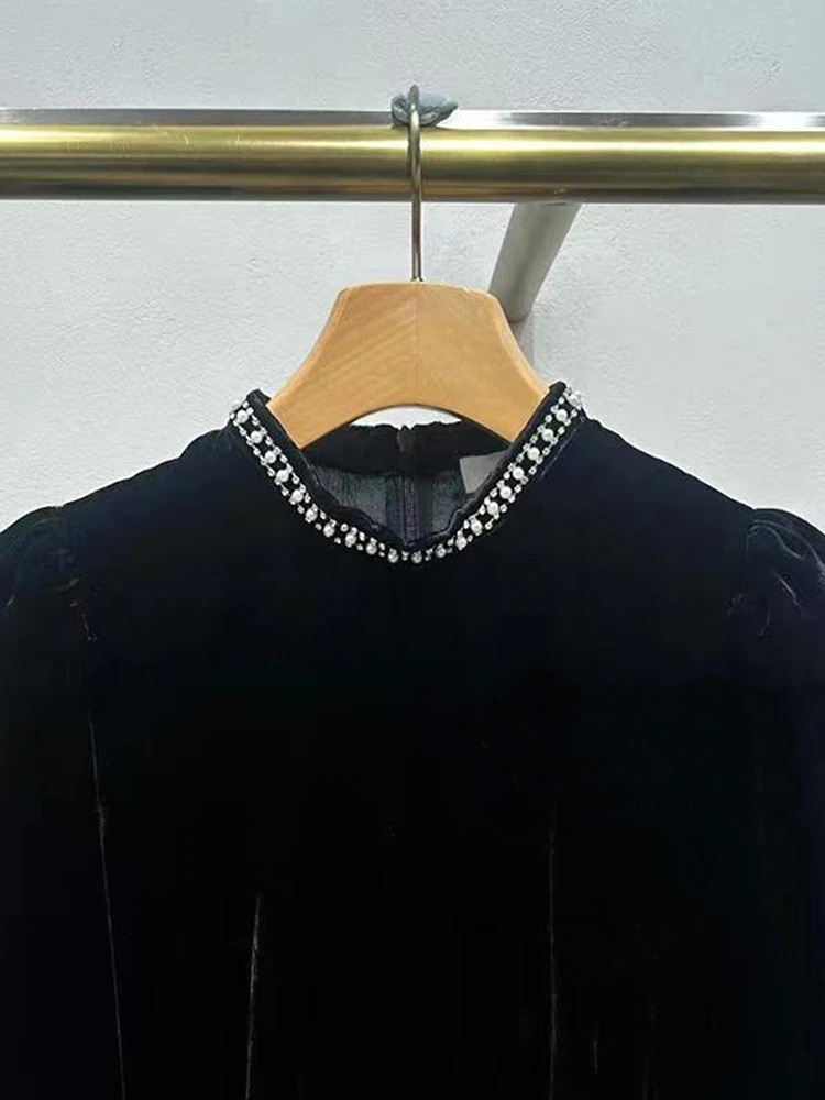 High-End Velvet Dr Hepburn Sle Long Sve High Waist A-Line Silken Velvet Winter Dr for Women Ele Faionable