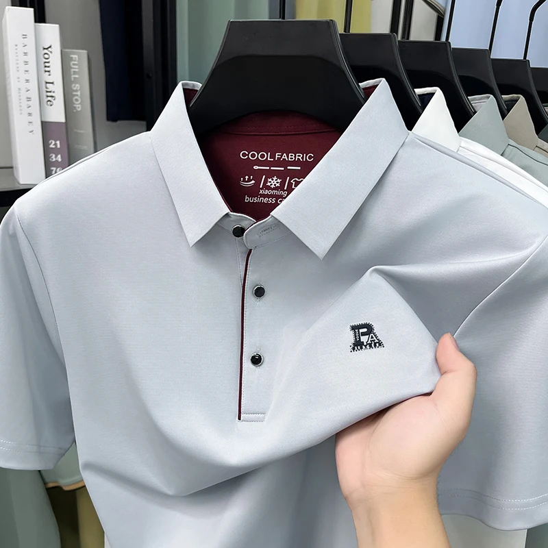 

Бренд роскошный письмо тисненные короткий рукав поло рубашка мужчины высокого класса лед шелк воздухопроницаемость лето новая мода случайный отложной воротник футболка