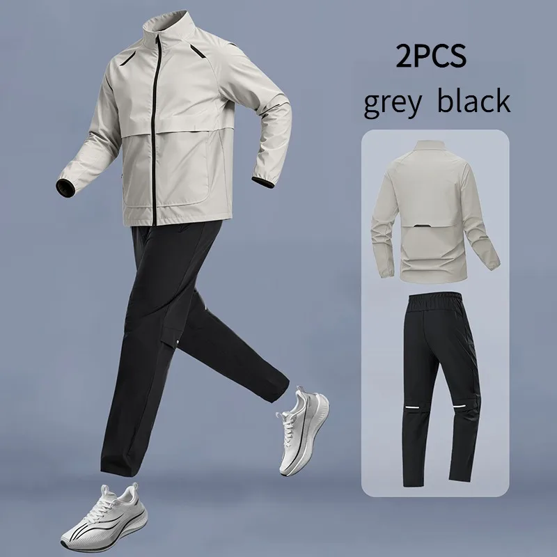 2pcs Quick Dry Running Outfit with Stand Collar Long Pants Gym Training Sports Wear Breathable Sweat Absorbent for Spring Autumn