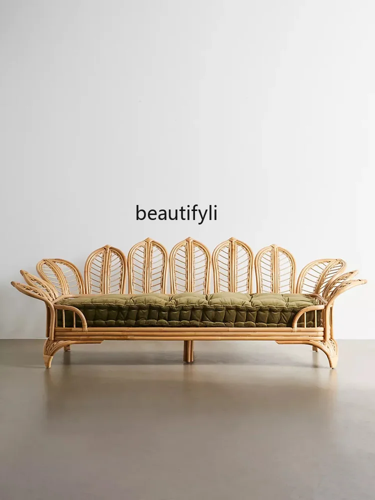 

Nordic Creative Real Rattan Bed & Breakfast Home Retro Three-Person Rattan Chair Hand-Woven Small Apartment Living Room Sofa Bed