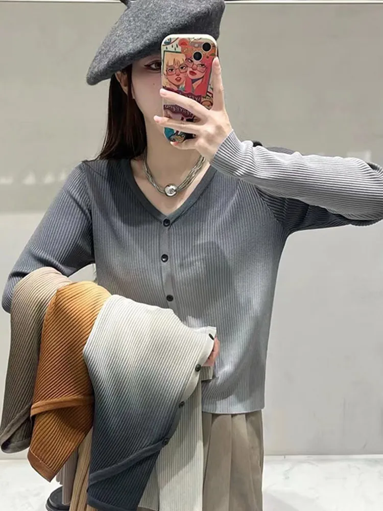 

Korean Sle adient Color Ice Silk Knitted Cardigan Slim V Ne Long Sve Casual Sun Protection Top Anti Aging Women's Fa...