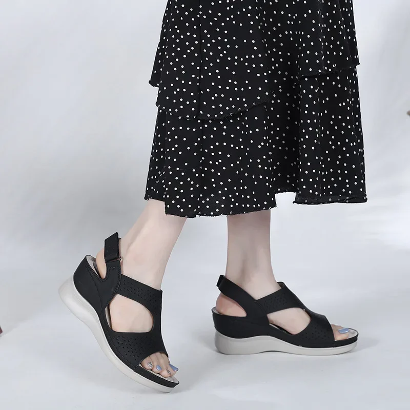 Brand Summer Fashion Wedge Sandals Women Hollow Out  Buckle Leisure Cross-Tied Sewing Thread Beach Blue Waterproof Black