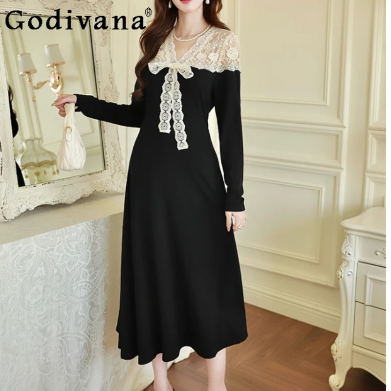 

Autumn Elegant French Lace Splicing Bow Long Sleeve Slim Bottom Black Dress Fashion Girl Age Reduction Playful Princess Dresses