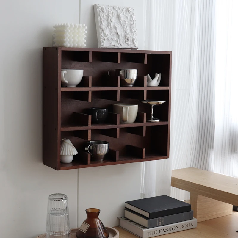 Solid Wood Wall Mounted Cup Holder Multi-Cubby Mug Storage Shelf Rustic Living Room Decorative Kitchen Grid Pattern Display Rack