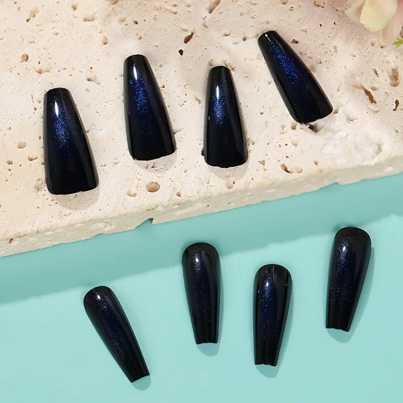 24 Stück künstliche Nägel, lang, für Damen, schwarz, blau, quadratische Nägel, künstliche Acryl-Fingernägel für Mädchen, selbstklebend, zum Aufdrücken der Nägel