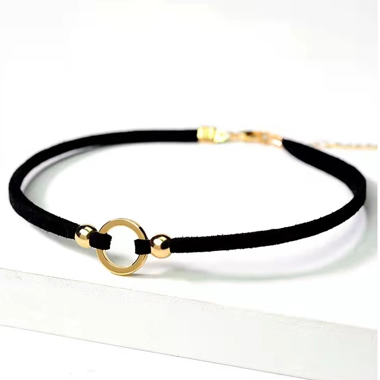 Boho Black Leather Choker Necklaces Adjustable Layered Velvet Leather O-ring Collar Necklace Goth Jewelry Gifts for Women Girls