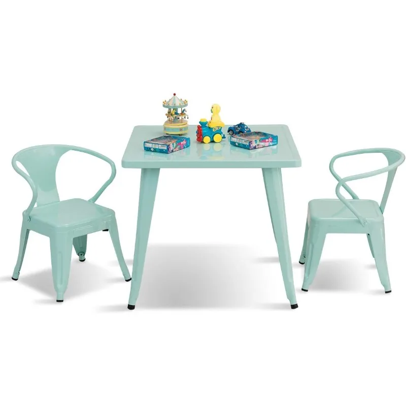 

Kids Table and 2 Chair Set for Indoor/Outdoor Use, Steel Table and Stackable Chairs, Preschool,Bedroom,Playroom, Home, Furniture