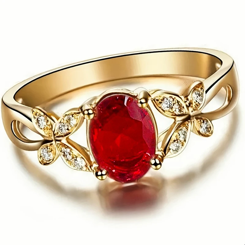 Huitan Leuchtend roter Schmetterlingsring mit kubischem Zirkonia für Damen, goldfarben, luxuriöses Hochzeitszubehör, eleganter Damenring, Partyschmuck
