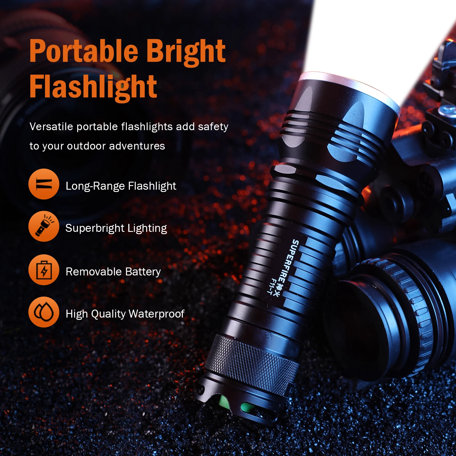 SUPERFIRE F11-T 10W Rechargeable Flashlight Zoomable Waterproof Torch Super Bright Light for Hiking Camping Emergency Lantern