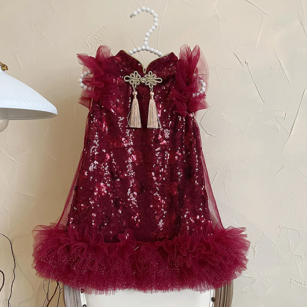 Winter Thicken Chinese Style Children's Baby Girls Wine Red Sequin Vest Princess Lace Skirt Cheongsam Dresses Hanfu Show Costume