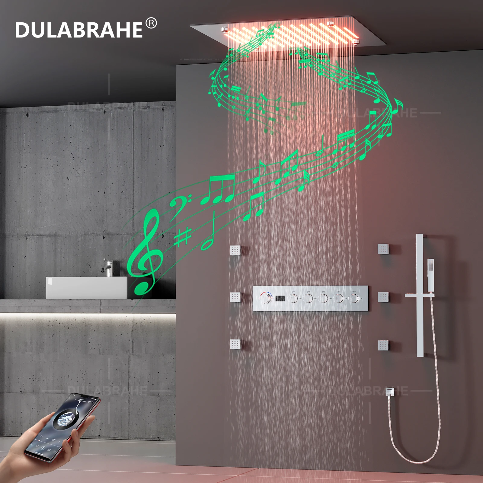 Ceiling Embedded 20 Inch LED Mist Rain&Waterfall Shower Head with Music Speaker Cold and Hot Digital Display Shower Faucet Set