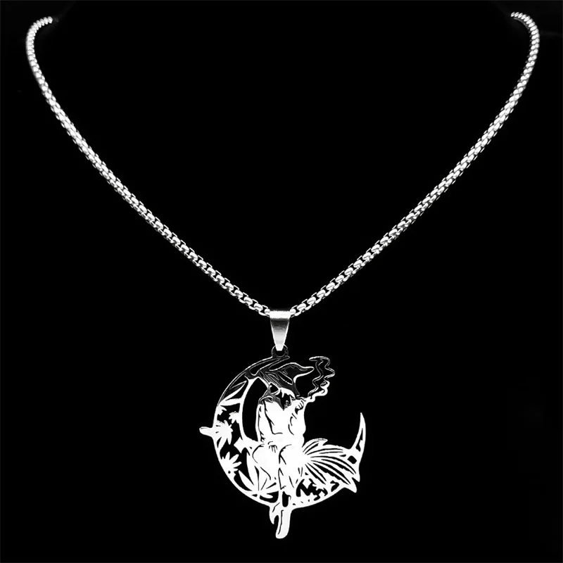 Witch Hat Smoking Moon Leaf Pendant Necklace for Women/Men Silver Color Stainless Steel Punk Chain Jewelry colier NZZZ523S02