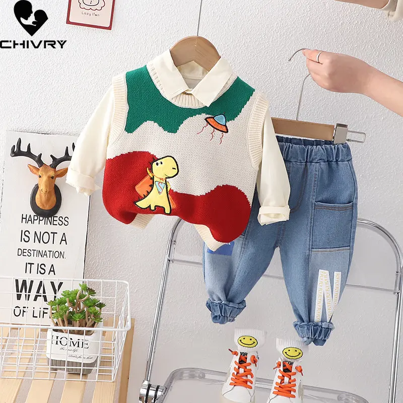 ثلاث قطع الفتيان الملابس مجموعات جديد 2023 الاطفال الطفل الربيع الكرتون ديناصور متماسكة سترة الصلبة القمصان مع الدنيم السراويل ملابس غير رسمية