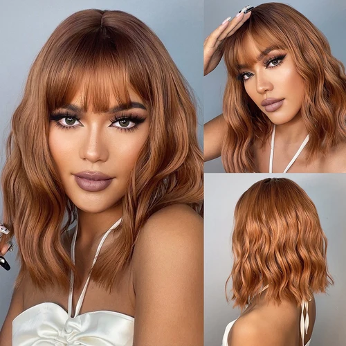Pelucas sintéticas HENRY MARGU de jengibre y cobre rojo con flequillo, pelucas de pelo Natural Bob con ondas de agua media para uso diario para mujeres, resistentes al calor