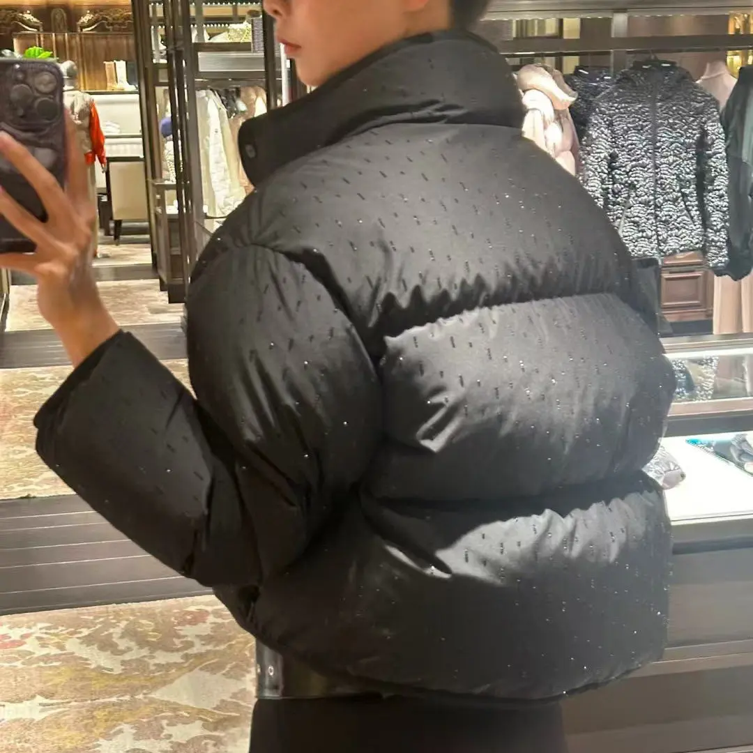 

Ультралегкая женская укороченная куртка из гусиного пуха с воротником-стойкой, украшенная стразами, очень короткая, модная верхняя одежда