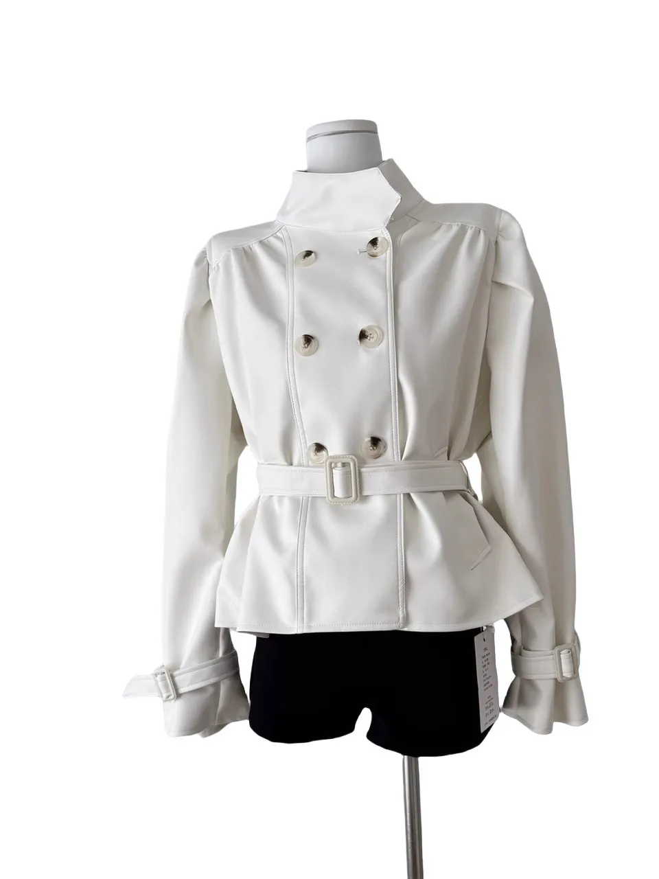 Original Chic Umbrella-ape Pleated Stand Collar White Jaet ort Fem Outerwear Faionable Trendy Young Women's Coat