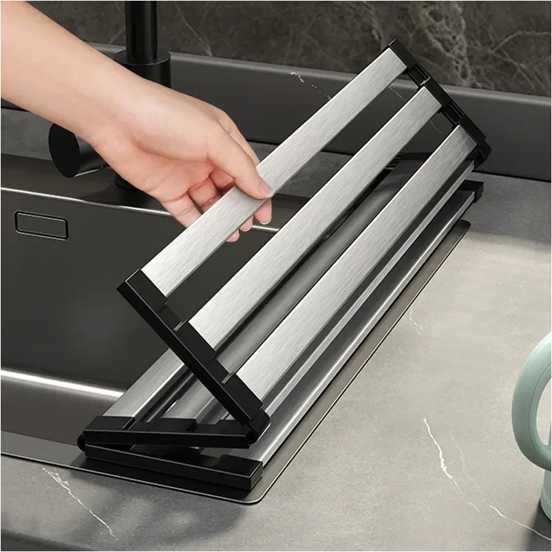 

304 stainless steel kitchen sink drain rack, sink bowl and dish storage rack, foldable and retractable drain basket