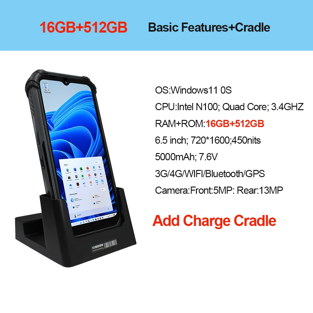 6,5" Robuuste PDA Windows 11 Pro 16G+512G Intel N100 IP67 Waterdicht 4G/WiFi/Bluetooth 10000mAh Snel opladen 2D-laadstation - afbeelding 1