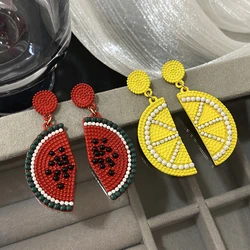AENSOA Creative Painted Metal Watermelon Lemon Drop Earrings for Women Bohemian Fruit Slice Earrings Summer Beach Jewelry