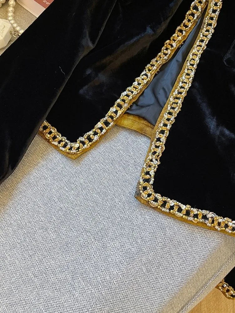 Retro Black Velvet O-Neck Women Jacket Winter New Long Sleeve Loose Fit Top Jackets Outerwear French Style Work Ladies Coat