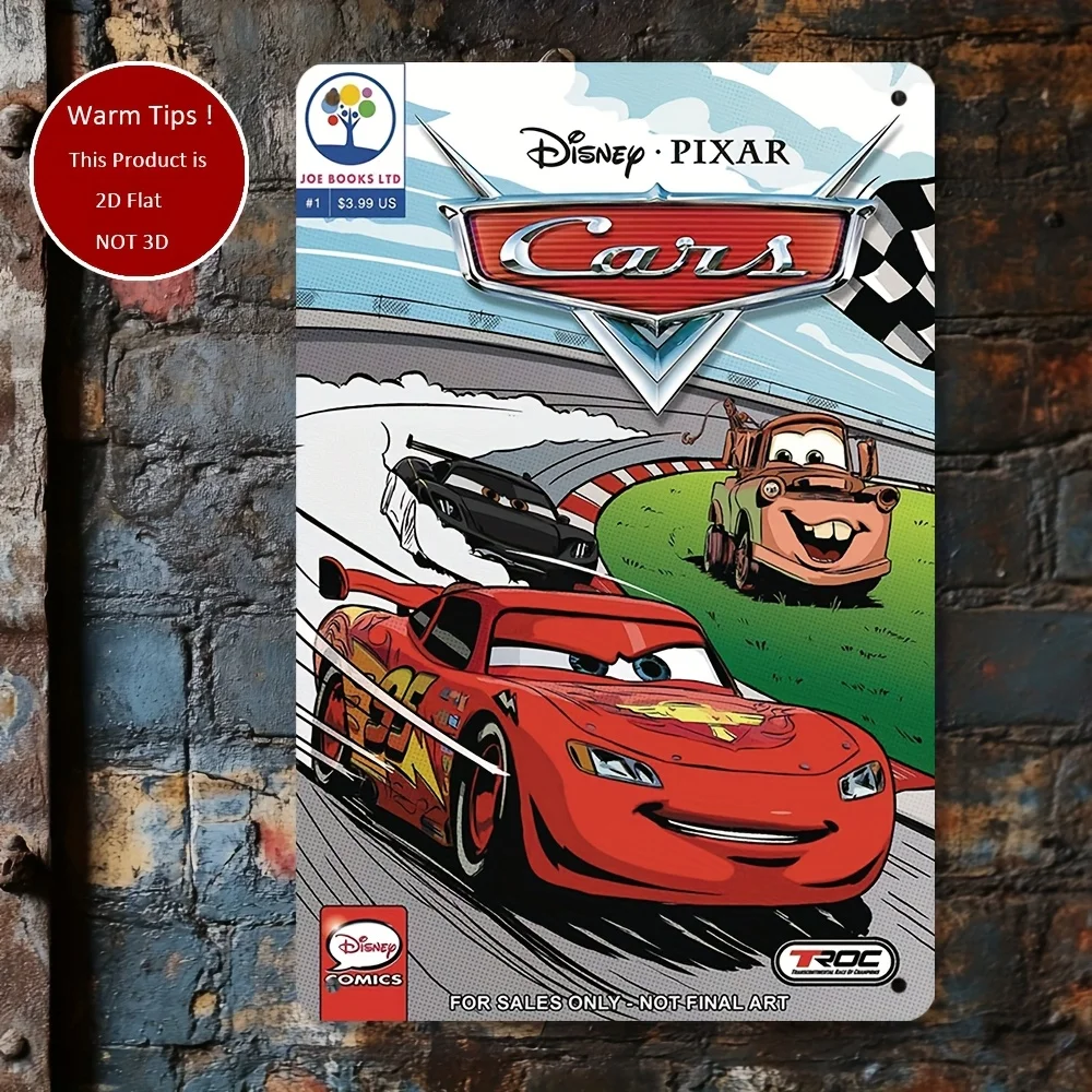 لافتة قصدير مسطحة ثنائية الأبعاد من Disney Cars - لوحة فنية جدارية على شكل Lightning McQueen & Racing، 20.32 × 30.48 سم ديكور معدني للمنزل أو المكتب أو Playro