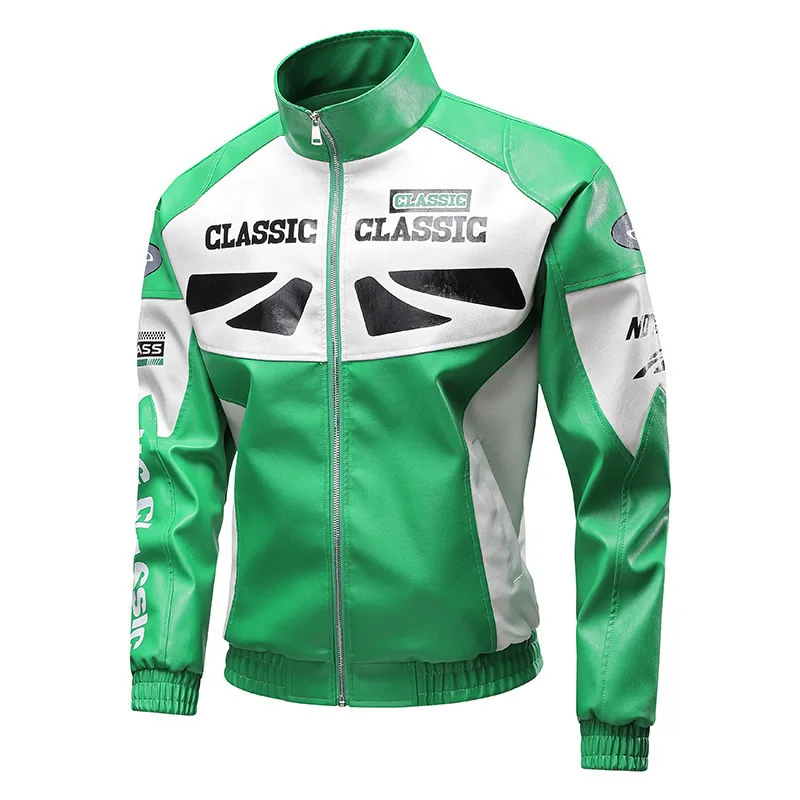 الخريف رجل معطف جلد رسالة جديدة مطبوعة التباين اللون الذكور ملابس خارجية دراجة نارية فاسق الوقوف طوق طويلة الأكمام الرجال سترة #2