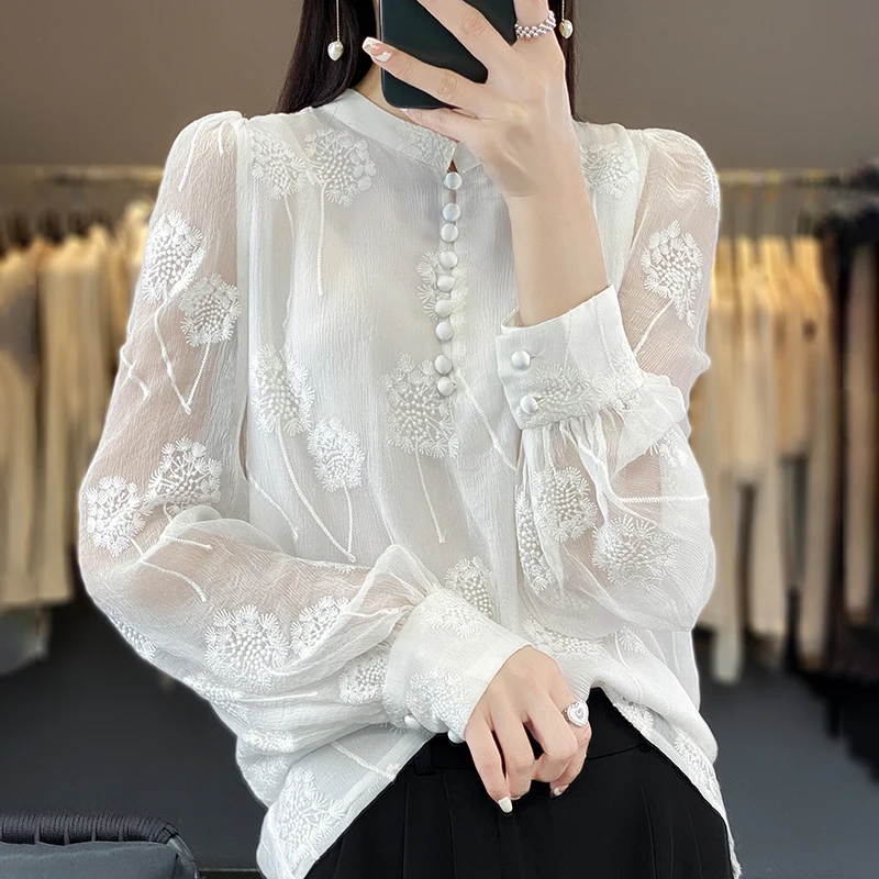 Primavera novedad de verano Sle mujer gasa irt ahueca hacia fuera bordado redondo Ne suelto ajuste Vintage chino Sle Me Top