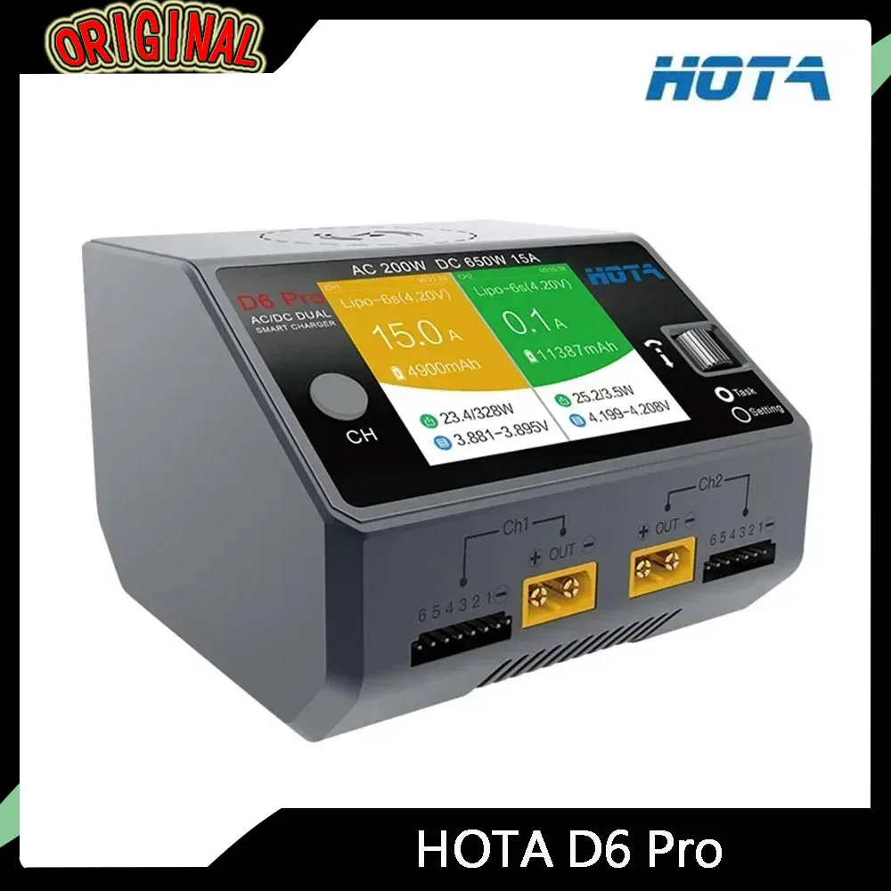 

HOTA D6 Pro Charger Wireless Charging AC 200W/DC 650W 15A D6 DC 2×325W Dual Channel for 1-6S RC LiPo/LiHV/NiZN Batteries