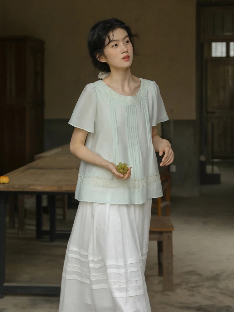 

Nesoulum Women's Loose ort Sve irt Lace Splicing een Mint Design Summer Vintage Top round Ne Regular Length