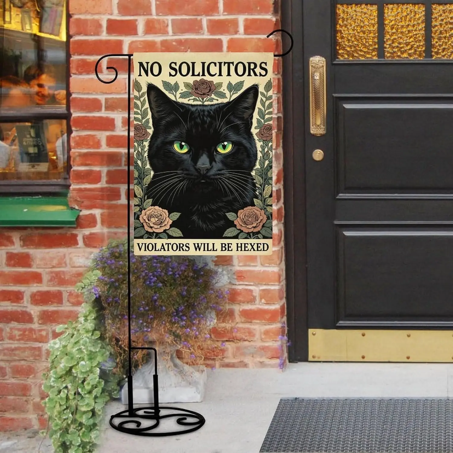 Gothic Black Cat No Solicitors Violators Will Be Hexed Garden Flag, Festive Outdoor Decoration, Double-sided Linen Patio Fla MMZ