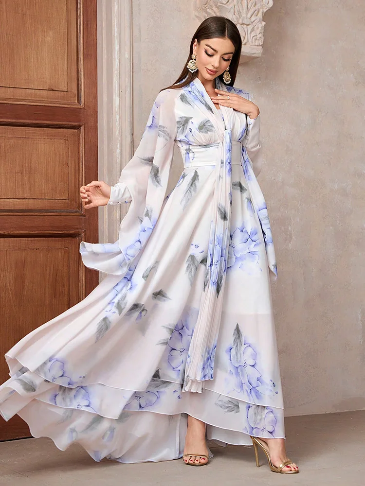 

TOLEEN 2024 New Summer Women V-Neck Mesh Casual Elegant Long Holiday Dresses Ladies' Fashionable Floral Print Flare Sleeve Dress