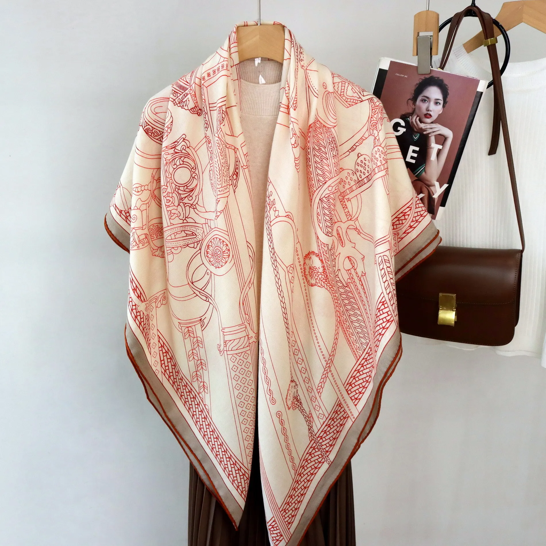 High-end and Elegant Women's Exquisite Horse Gear Single-side Print Quality Silk Wool Hand-rolled Edge Large Square Scarf Shawl