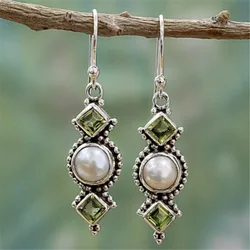 2024 New Vintage Pearl Drop Earrings Fashion Olive Green Square Zircon Long Tassel Earring for Women Girls Party Jewelry Gifts