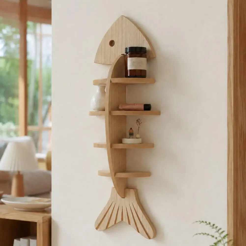 Fish Bone Storage Rack, Wood Wall Mounted Floating Shelf, Ocean Style Wall Art Display Shelf, for Bedroom And Living Room