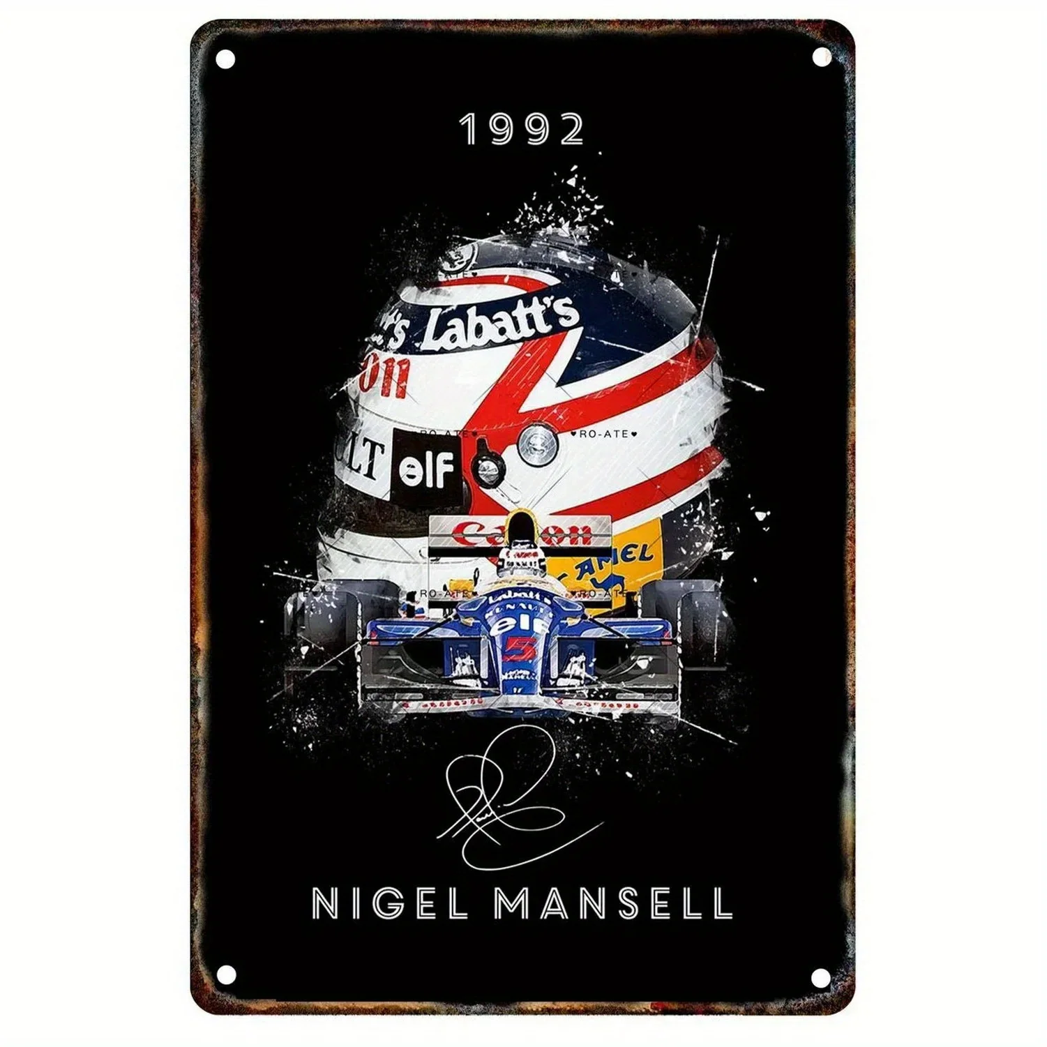 Vintage 1992 Nigel Mansell Racing Helmet Metal Tin Sign - Distressed Retro Wall Art Decor for Man Cave, Garage, Bar & Cafe - Dur