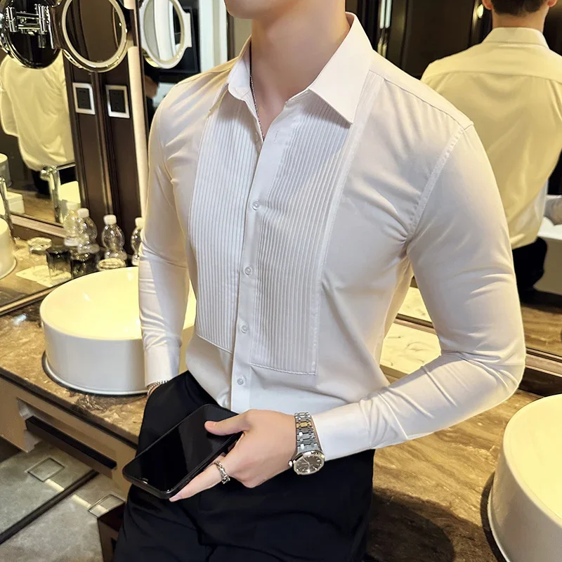 Luxury Tastar Dress Shirt Men Groom's Wedding Long Sleeved Shirt Slim Spliced Pleat Design Party Banquet Shirt Black White 2023