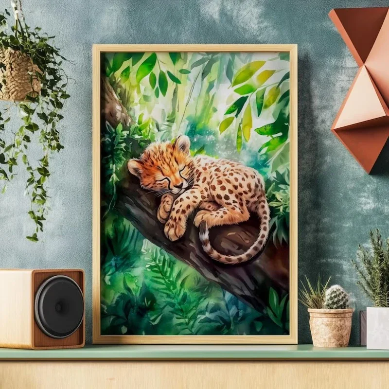 Forest Sleeping Baby Cheetah Poster and Prints Wild Animal Art  Canvas Painting Wall Art Picture for Living Room Home Decor